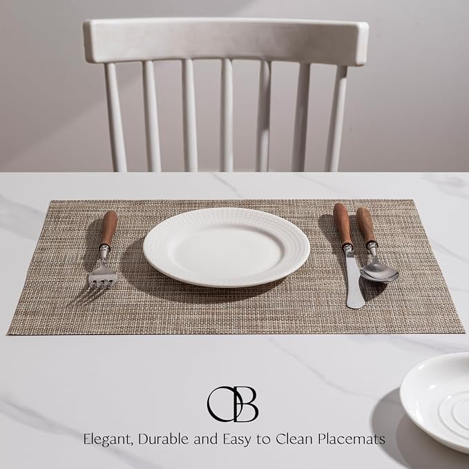 Placemats Set of 12 - Easy Clean Woven Vinyl Placemats for Dining Table, Indoor/Outdoor Place Mats, Washable PVC Table Mats（Caramel）