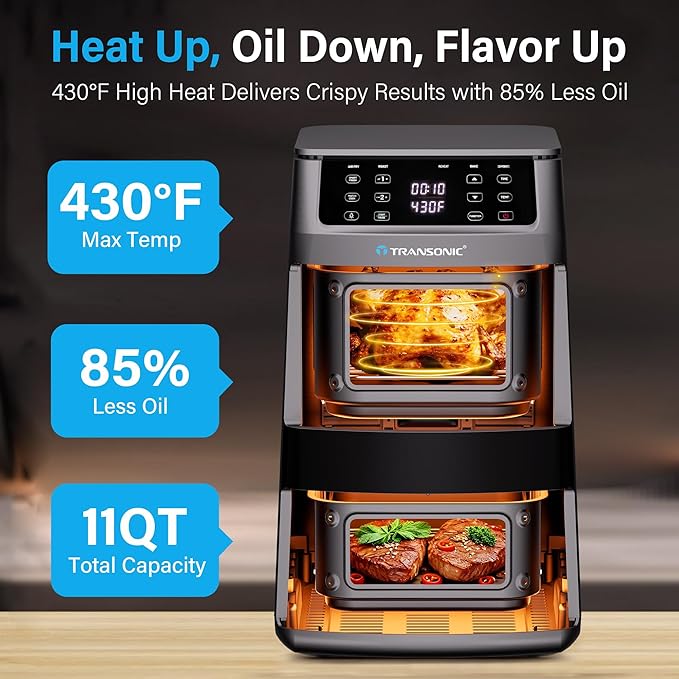 11QT Large Double Air Fryer, family size Dual Basket | Deep Top & Long Bottom for Whole Chicken & Ribs, 430°F High-Heat Broil, 360° Rapid Circulation, 6 in 1 Preset Function