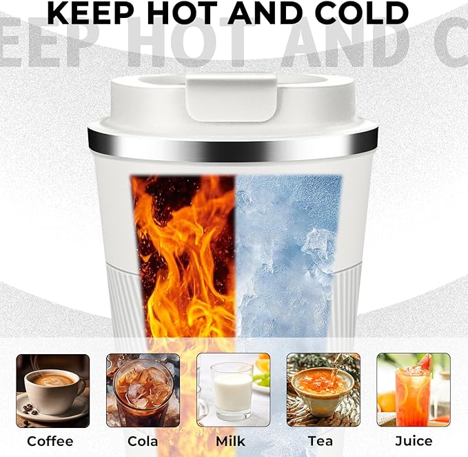 Insulated Coffee Tumbler 12 oz, Stainless Steel Coffee Mug with Lids, Travel Coffee Mug Leak Proof, Double Wall Vacuum Insulated Reusable Coffee Cup, Keep Drinks Hot and Cold (White, 12 Ounces)