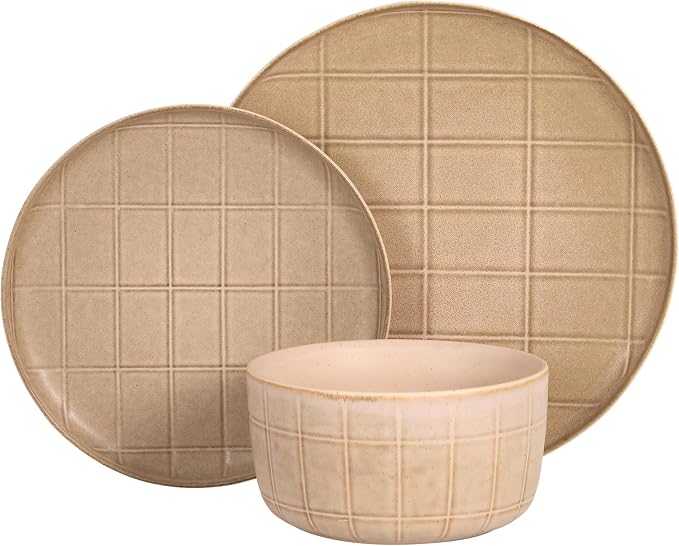 Gisbon Elite Butterwick 12 Piece Plates and Bowls Stoneware Dinnerware Set - Taupe Reactive Glaze Patterned Dishes - Microwave and Dishwasher Safe