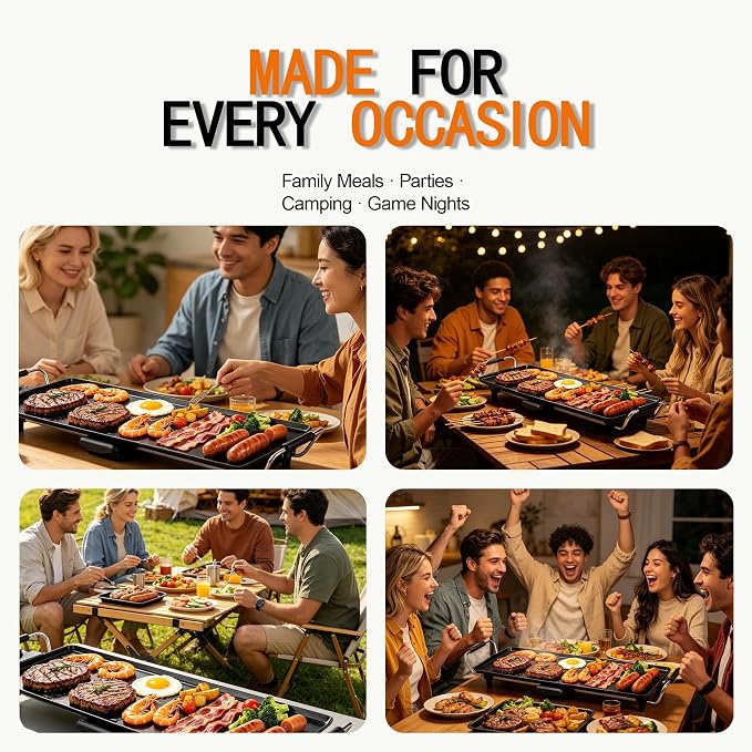 30-Inch Electric Griddle & Teppanyaki Grill, 1400W Large Non-Stick Surface, Intelligent Temperature Control, Easy to Clean. Indoor/Outdoor Use for Pancakes, BBQ, Camping & Gatherings