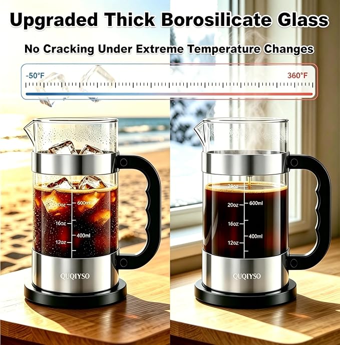 QUQIYSO French Press Coffee Maker 34oz, Thickened Glass Coffee French Press | Stainless Steel Coffee Press, 4 Filter Easy to Clean, Cold Brew Coffee Maker, Suitable for Kitchen Party Gifts(Silver)