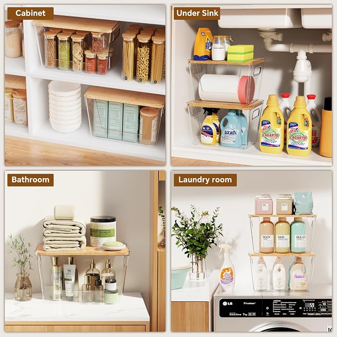 4 Set Pantry Organizers and Storage with Bamboo Lids, Stackable Clear Bins for Onion, Potato, Fruit, Vegetables, Trash Bag Dispenser, Kitchen and Under Sink Organizer