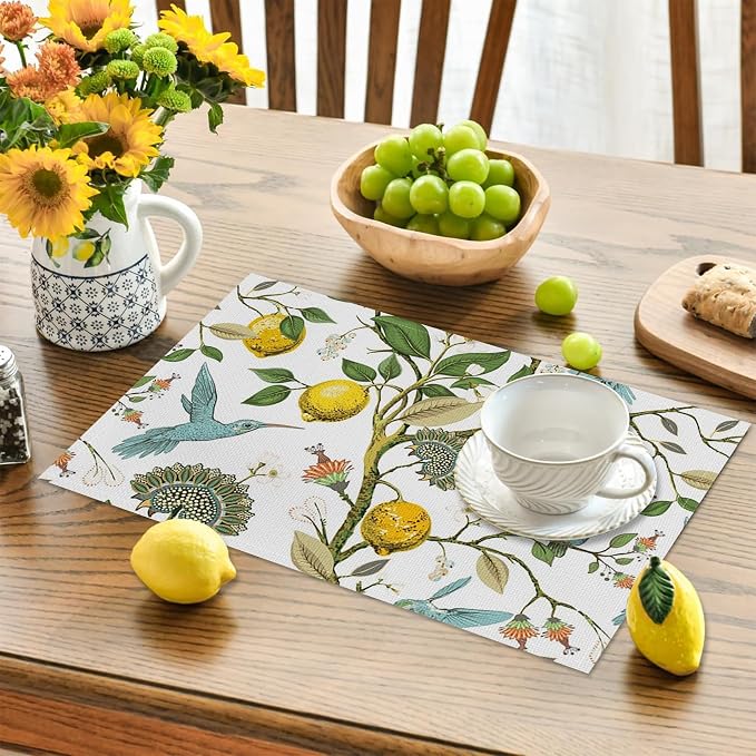 Lemon Tree Blue Bird Flower Placemats Set of 4 Seasonal Washable Linen Cotton Table Mats for Party Kitchen Dining Decoration 12x18 Inch