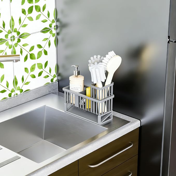 Rustproof Sink Caddy & Kitchen Sink Organizer,Plastic Dish Sponge Holder with High Scrub Brush Holder,Sponge Rack for Kitchen Sink,Multifunctional Sponge Drain Rack,Dish Soap Caddy & Dispenser