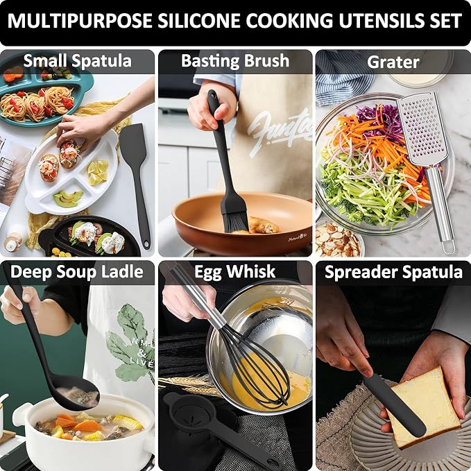 Silicone Kitchen Utensils Set, 16-Piece Silicone Cooking Utensils by Deedro | Heat Resistant Kitchen Tools Set with Holder, Nonstick Spatula Kitchen Gadgets for Cooking & Baking, Black