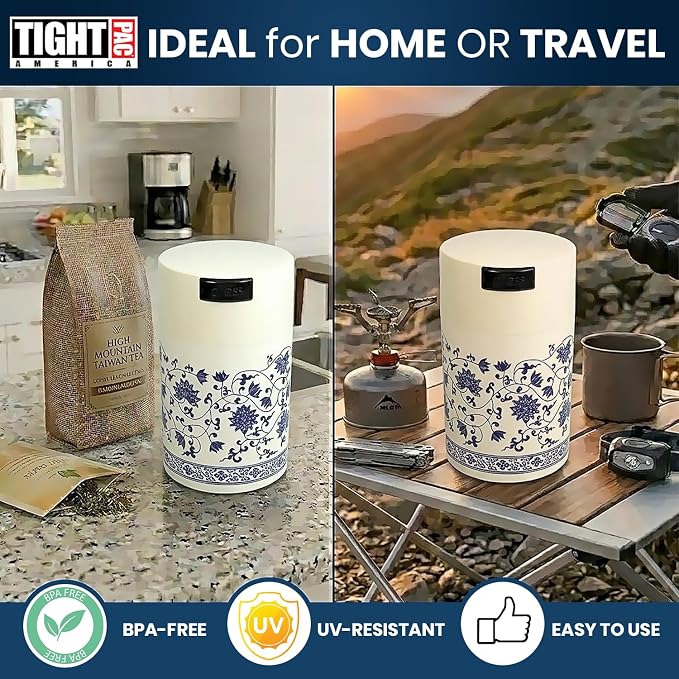 Tightpac America, Inc. Teavac 6-Ounce Vacuum Sealed Tea Storage Container, White Floral Design