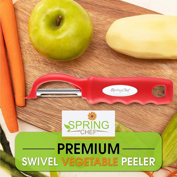 Spring Chef Swivel Vegetable Peeler for Kitchen with Soft Grip Handle, Red | Premium Potato Peeler w/ Ultra Sharp Stainless Steel Blades, Multifunctional Veggie Peeler for Apple, Carrot, Cucumber, Fruit