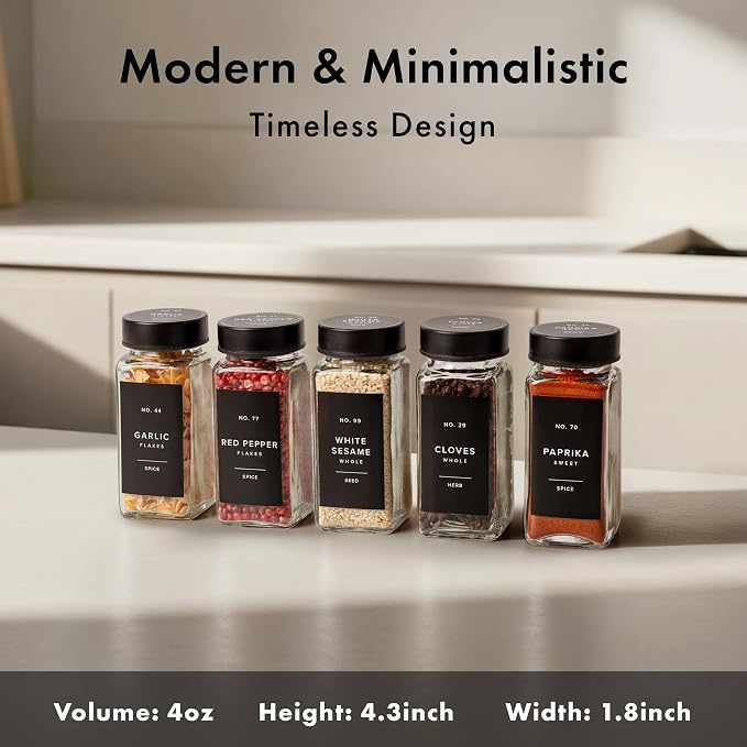 Glass Spice Jars with Label, Seasoning Set, 36x Black Steel Lids | Airtight Lids keep spices fresh, Kitchen Spice Drawer Organizer, 4oz Seasoning Containers incl. Funnel, Brush & 240 Labels