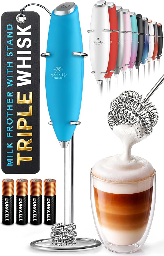 Zulay Kitchen Powerful Milk Frother Wand With Duracell Batteries - Ultra Fast Handheld Drink Mixer - Electric Whisk Foam Maker for Coffee, Lattes, Cappuccino & Matcha - Triple Whisk - Pacific Blue