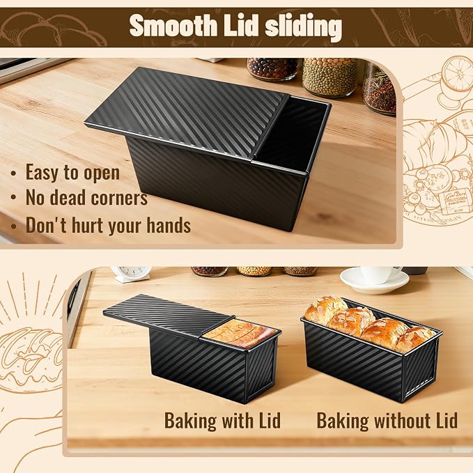 3 Pack Pullman Loaf Pans, Bread Pans with Lids, Black | Non-stick Carbon Steel Bread Pans for Homemade Sandwich and Baking Sourdough Bread, Corrugated Toast Mold