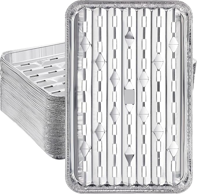 50 Pack Aluminum Grill Pans 9x13 Inch, Broiler Pans for Oven, Disposable Aluminum Grill Liners with Holes with Ribbed Bottom Surface for BBQ Foil Drip Roast Trays
