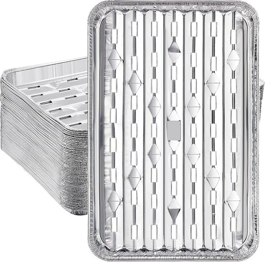 50 Pack Aluminum Grill Pans 9x13 Inch, Broiler Pans for Oven, Disposable Aluminum Grill Liners with Holes with Ribbed Bottom Surface for BBQ Foil Drip Roast Trays