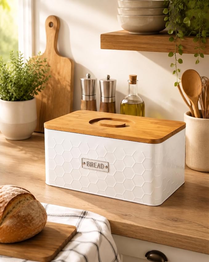 Bread Box for Countertop, Small White Metal Bin with Bamboo Lid | Small farmhouse bread storage container and bread bin with cutting board lid for homemade bread and baked goods organization.