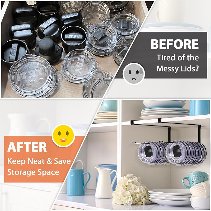 2 Pack Tumbler Lid Organizer, Versatile Tumbler Storage Holds 20 Lids Black | Space Saving Cup Lid Organizers Inside Cabinet Tumbler Lid Hook for Kitchen Organizer and Storage, Paper Towel Rack Hanger