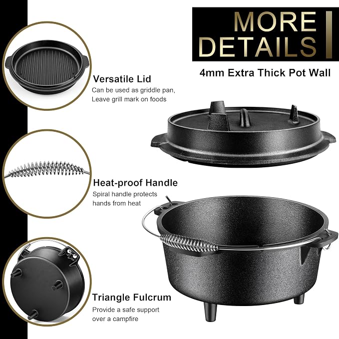Joyfair Pre-seasoned Cast Iron Camp Dutch Oven, 5QT Pot & 2QT Skillet Lid | Open Fire Camping Cookware Set For Outdoor Campfire Cooking - Stewing Chicken,Baking Sourdough Bread, Plus Cleaner, Oven Safe