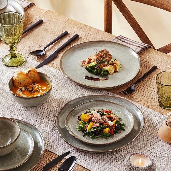 Stoneware Dinnerware Sets for 4, Reactive Glaze Plates and Bowls, Grey | 12-Piece Handcrafted Rustic Porcelain Dishes Set, Highly Scratch Resistant, Dishwasher & Microwave Safe