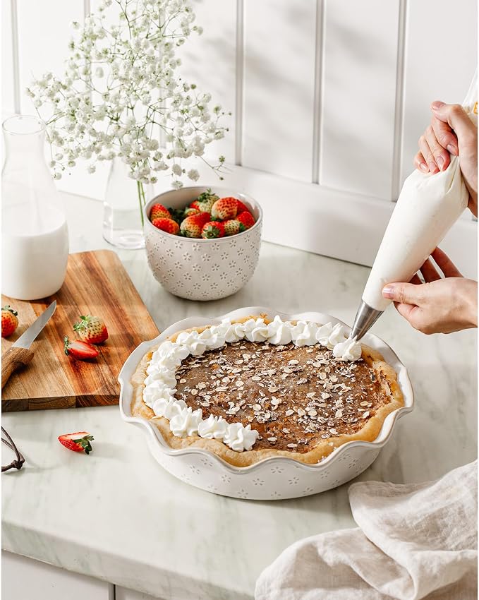 Ceramic Deep Pie Pan for Baking, 11 inch Porcelain Pie Plate for Apple Pie, Oven & Dishwasher Safe, Farmhouse Decor, 48 Ounce Deep Plate for Kitchen, Non-Stick Pie Dish, Embossed Flower