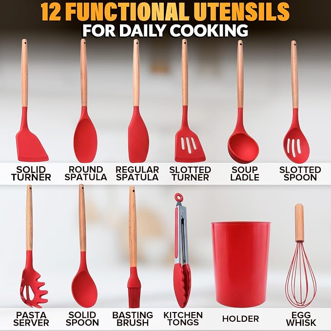 12 Pcs Red Kitchen Utensils Set with Holder – Versatile Silicone Utensils Set for Cooking and Baking, Gentle on Pots and Pans, Heat-Resistant, Stylish, Easy to Clean, Red Kitchen Accessories