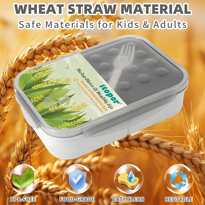 Itopor Bento Box for Kids & Adults, Lunch Box 46 oz / 1400ml, Gray | Wheat straw material, BPA-free, leakproof, 3 compartments, microwave & dishwasher safe, for school, office & travel