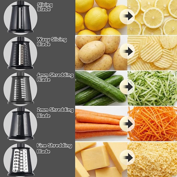 Upgrade Rotary Cheese Grater Shredder with Handle, Strong Suction Base, Multi-purpose Rotary Grater Slicer with 5 Interchangeable Blades for Ice, Vegetables, Fruit, Nuts with Blade Storage Box