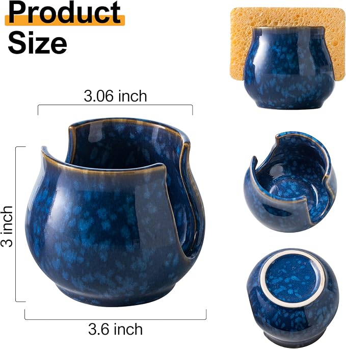 Zoeeker Ceramic Sponge Holder, Kitchen Sink Scrubby Caddy Organizer Dish Sponge Dish Rack for Scrubbers, Bathroom, Sink, Blue | Dish Brush Holder Sponge Organizer Cute Scrubby Caddy for Kitchen, Bathroom, Sink, Countertop, Farmhouse Kitchen Decor, Blue