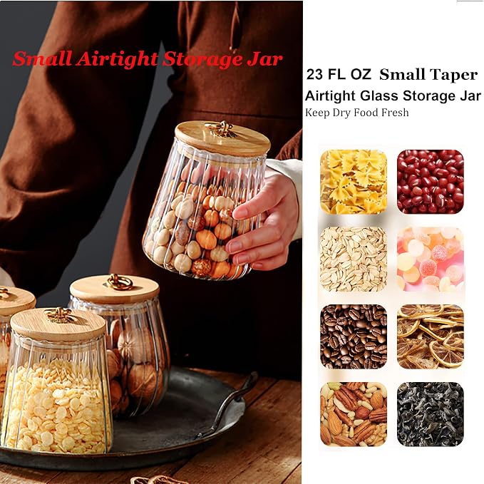 Glass Coffee Nuts Canister, Airtight Jar Bamboo Lid 23 FL OZ, Small Conical | Sealed Kitchen Storage Jar, 700ml Petal Ribs Design Decorative Candy Coffee Container, Gold Metal Handle, Easy to Grasp