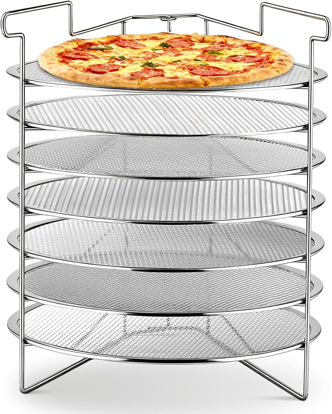 Honeydak 7-Slot Folding Pizza Pan Rack with 7 14-Inch Pizza Baking Screens for Compact Convenient and Easy Storage, Home Restaurant