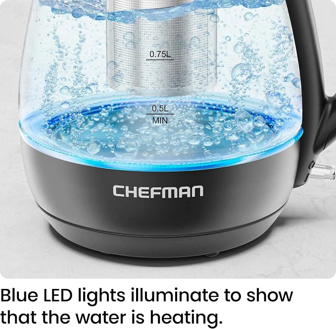 Chefman Electric Kettle with Tea Infuser, Compact 1L (4 Cups), 1500W, Removable Lid for Easy Cleaning, Boil-Dry Protection, Stainless Steel Filter, BPA Free, Auto Shut Off, Small Electric Tea Kettle