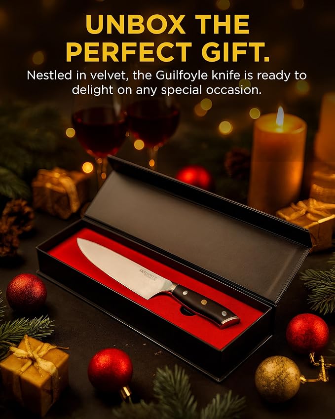 Guilfoyle Chef Knife 8 Inch – Stainless Steel Kitchen Knife with Ergonomic Handle & Full Tang – Cooking Gifts for Home Chefs – Gift Box Included