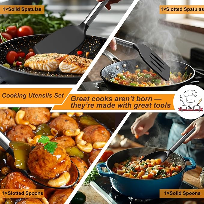Yoehka Silicone Cooking Utensils Set, 4Pcs Spatula and Spoon Set, Black | For Non-stick Cookware, Heat Resistant 446°F (232°C), Stainless Steel Handle, Food Grade
