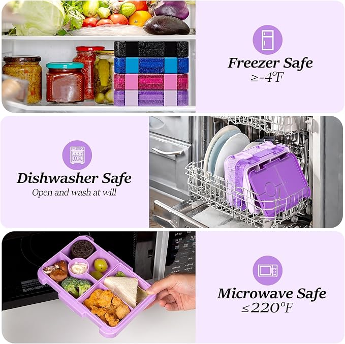 Bento Lunch Box, Snack Bento Lunch Containers Boxes, Shiny Purple | 5/6 Compartments, 3 Cups BPA Free, Dishwasher Safe, for Kids, Back to School, On-the-Go Meal, Ages 3+, School