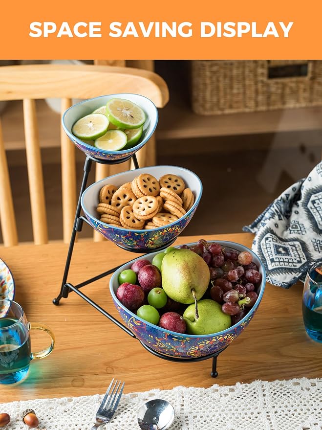 YHOSSEUN 3 Tier Serving Bowls, Tiered Serving Platter and Trays for Parties | Serving Dishes for Entertaining, Oval Tiered Serving Bowl Set with Metal Serving Stand, Appetizer Serving Tray