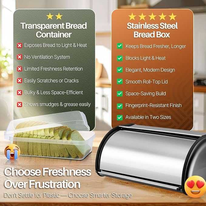 Flexzion Stainless Steel Bread Box, 16-Inch Bread Bin for Countertop | Large Bread Storage Container for Loaves, Bagels, Pastries, and Snacks; 15.75 X 10.83 X 7.28 Inches