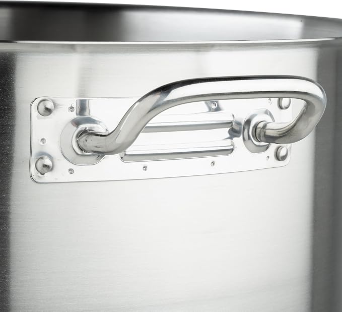 Winco Silver 80 qt Stainless Steel Stock Pot with Cover | Dishwasher safe, Heavy-duty, Tri-ply heating, Riveted handles, Great for Stocks, Soups, Pasta and Batch Cooking