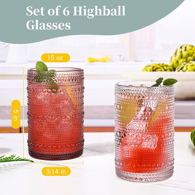 Purple Hobnail Drinking Glasses Set of 6,15 oz Vintage Highball Glasses,Drinkware Kitchen Glasses for Cocktail,Iced Coffee,Beer,Ice Tea,Wine,Whiskey,Water