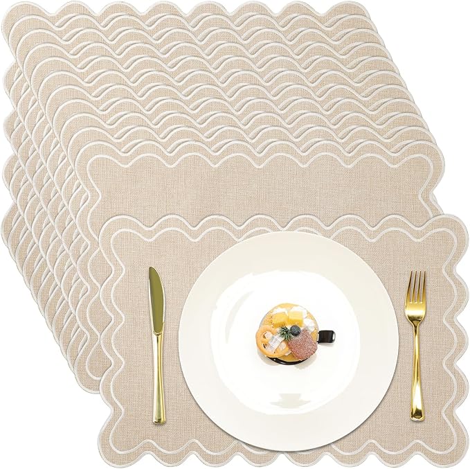 Linen Placemats Set of 12 Scalloped Placemat 13 X19 Wavy Embroidery Double Layered Washable Farmhouse Dinner Fabric Table Mat Napkin for Wedding Party Restaurant(Regular,Cream)