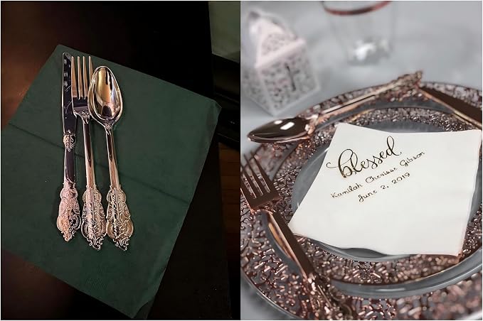 WDF-300 Pieces Rose Gold Plastic Silverware- Disposable Flatware -Heavyweight Plastic Cutlery- Includes 100 Forks, 100 Spoons, 100 Knives for Wedding/Parties/Birthday