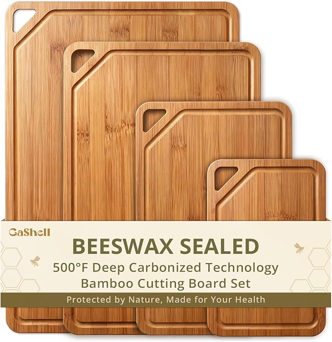 GASHELL Bamboo Cutting Board Set with Beeswax Coating for Kitchen(S+M+L+XL) | Deep-Carbonized Chopping Board with Juice Grooves, Non-toxic, Lightweight, Reversible, Meal Prep & Serving