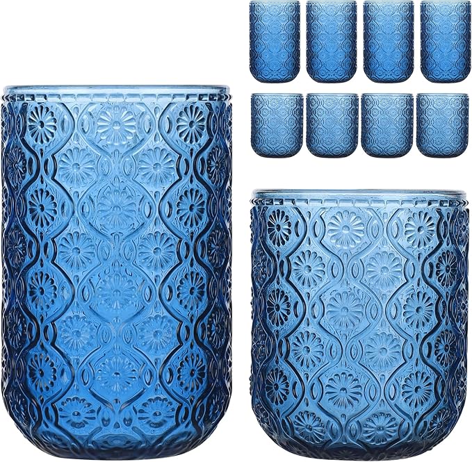 Set of 8 Vintage Embossed Glassware,4 Highball Glasses 14oz & 4 Rocks Drinking Glasses 9oz, Blue, Art Deco, for Wine, Water, Cocktail, Juice, Whiskey, Gift