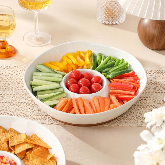 MALACASA Ceramic Chips and Dip Serving Tray, 12 Inch Dip Serving Tray | Free-Form Divided Ceramic Chips and Dip Bowls for Parties, Hosting and Entertaining, White