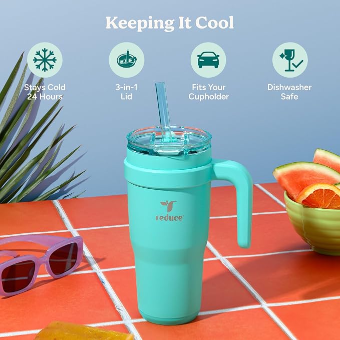 Reduce 24 oz Stainless Steel Tumbler with Handle - Dual-Wall Vacuum Insulated Travel Mug, Sweat-Proof Lid & Reusable Straw - Keeps Drinks Cold for 24 Hrs, Fits Cupholders, Dishwasher Safe-Purple Punch