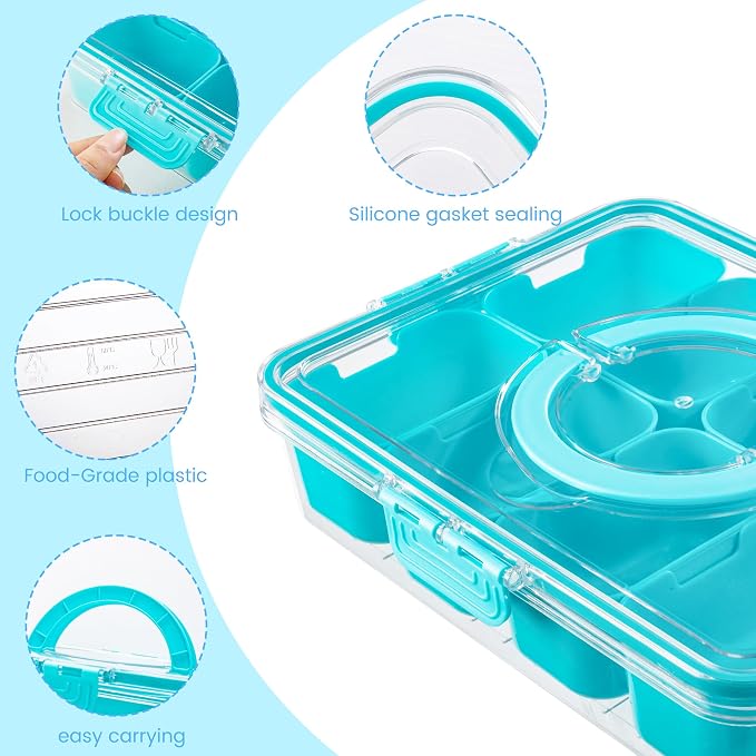 Divided Serving Tray with Lid and Handle - Snackle Box Charcuterie Container for Portable Snack Platters Organizer for Candy, Fruits, Nuts, Snacks - Perfect for Party, Entertaining, Lake blue