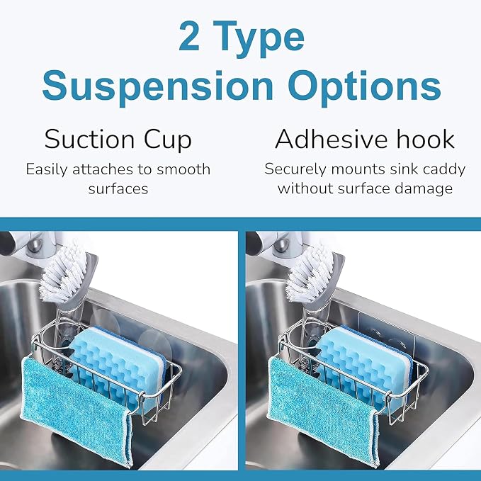 KESOL Rustproof Sponge Holder for Kitchen Sink, Suction Cups + Adhesive | In sink sponge holder stainless steel sponge holder, dish sponge holder, sink caddy brush holder 304 kitchen sink accessories