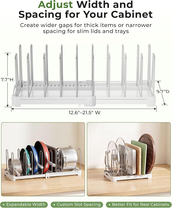 EVERIE Adjustable Cabinet Organizer for Pot Lids, Bakeware, Cookie Sheets & Cutting Boards, Upright Storage Rack for Kitchen Cabinet, Stable Dividers, 9.7" Deep, 12.6" to 21.5" Wide, GS02SS | 5mm Steel Dividers, Anti-Wobble, M-Slot for Lid Handles, BPA...