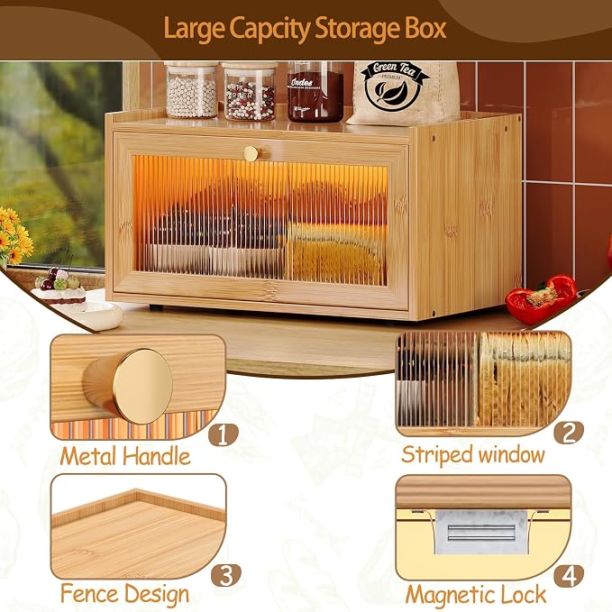 Trironsun Bamboo Bread Box with Led Light for Kitchen Counter Large Capacity Bread Storage Container Kitchen Countertop Organizer with Window Bread Holder (Natural Bamboo)