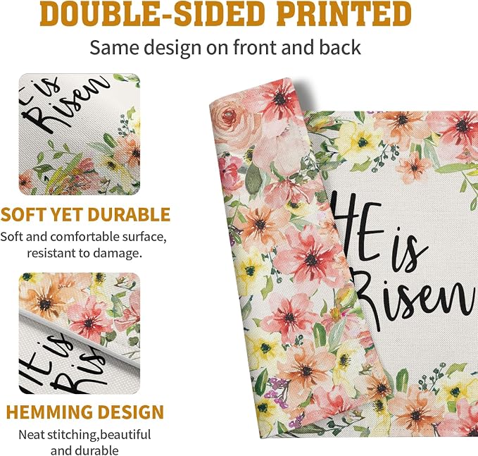 He is Risen Placemats Set of 4 Spring Easter Christian Cross Religious Flowers Kitchen Table Mats Seasonal Easter Holiday Linen Fabric Place Mat for Party Kitchen Dining Decoration