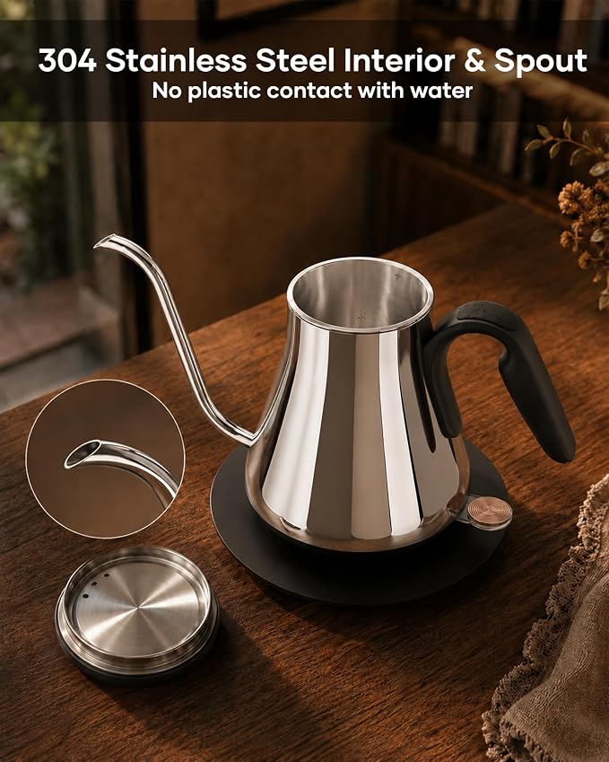 Cocinare Gooseneck Electric Kettle 0.8L, Fast Boil Pour Over Coffee, Tea | 1440W Fast Boil, 304 Stainless Steel Interior, Gooseneck Precision Spout, Auto Shut-Off & Boil-Dry Protection, Moholy Silver
