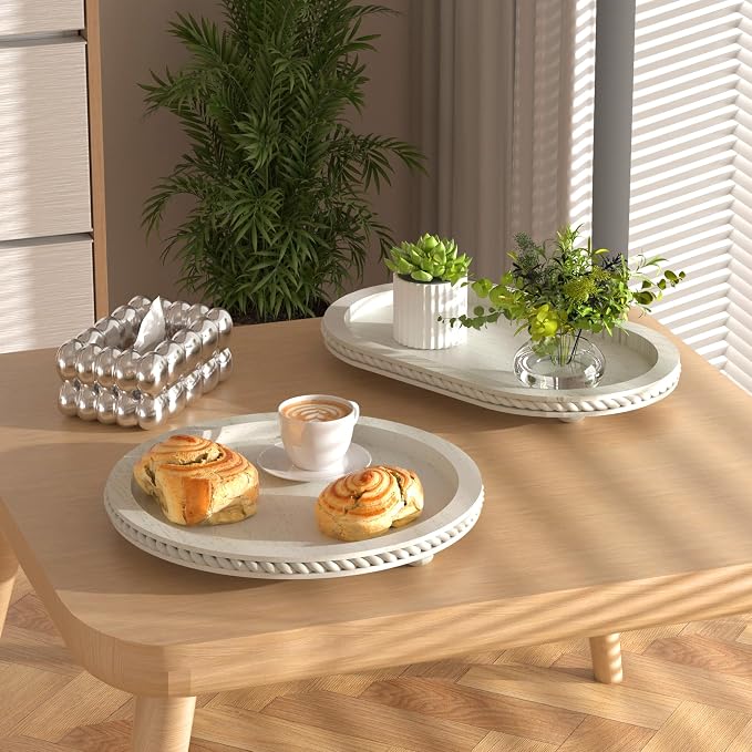 White Oval and Round Decorative Tray Set of 2 for Coffee Table | Farmhouse Vintage Decorative Tray Stand for Coffee Table, White Serving Tray for Living Room Kitchen Home Decor -1 Set