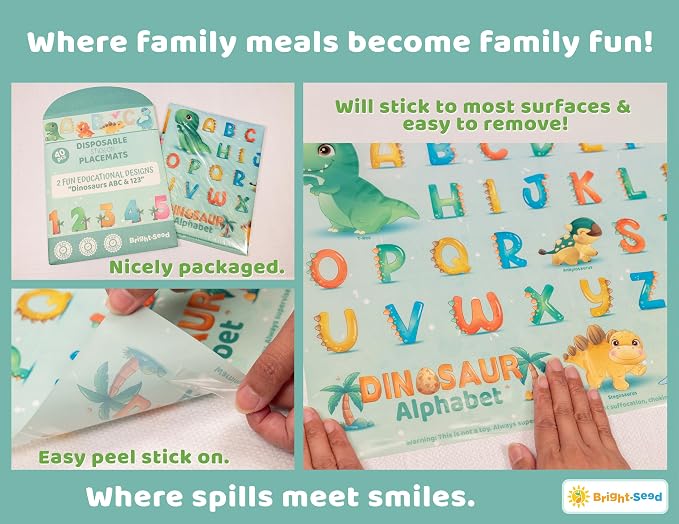 Bright Seed Disposable Placemats for Baby & Toddlers, Learning Mat- Dinos | 40 Disposable Placemats, ABC, Numbers & Animal Learning, Perfect for Restaurants & Travel, Helps Keep Tables Clean